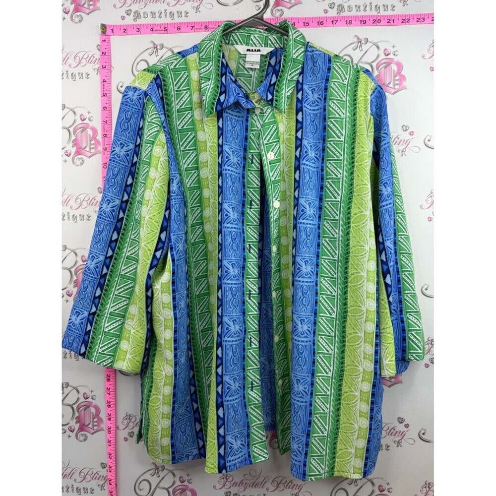 ALIA shirt button up tiki theme Green & Blue Vertical Stripe Button Down Shirt